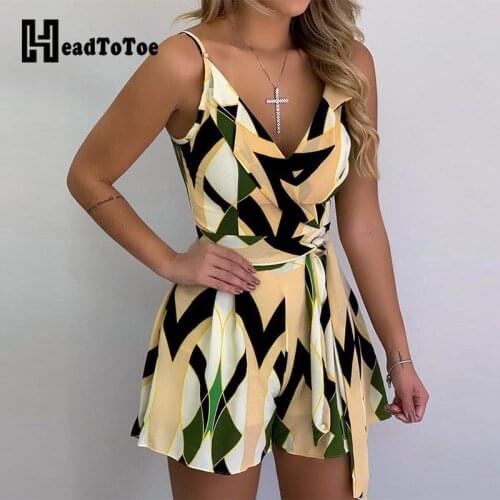 Geo Print Sexy Spaghetti Strap Belted Rompers Women Sleeveless V-neck Summer Casual Playsuits Female One Piece Jumpsuit