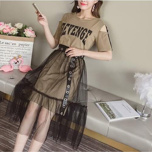 Summer Women Dresses Long Strapless Shirt 2 Piece Sets Holes Belt Mesh Skirt Suits Robe Femme Casual Party Beach Women Clothing
