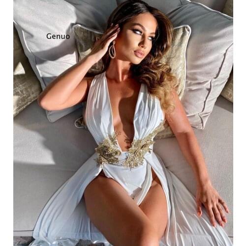 2021 Summer Gold Embroidered White Sleeveless Elegant Women Floral Appliques Night Club Dress Deep V Neck High Split Party Dress