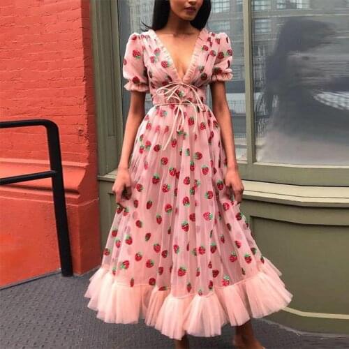 Strawberry Dress For Women Mesh Tulle V Neck puff Sleeve Dress Sequins Dots Sweet Voile Embroidery Female Dress Evening Party