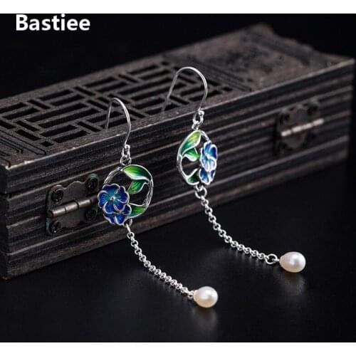 Bastiee 925 Sterling Silver Earrings For Women Accessories Pearl Dangle Earings Vintage Style Chinese Cloisonne Enamel Jewelry