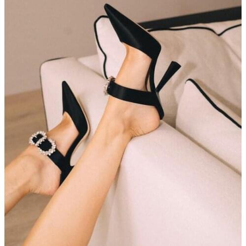 Moraima Snc Pointed Toe High Heel Sandal for Woman Sexy Crystal Embellished Dress Shoes Ladies Party Wedding Heels Black Pink