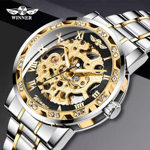 Winner Transparent Fashion Diamond Display Luminous Hands Gear Movement Retro Royal Design Men Mechanical Skeleton Wrist Watches