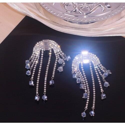 Korean Trendy Luxury Shine Full Rhinestone Long Tassel Earrings Big Drop Dangle Earrings for Women Wedding Jewelry Accessories