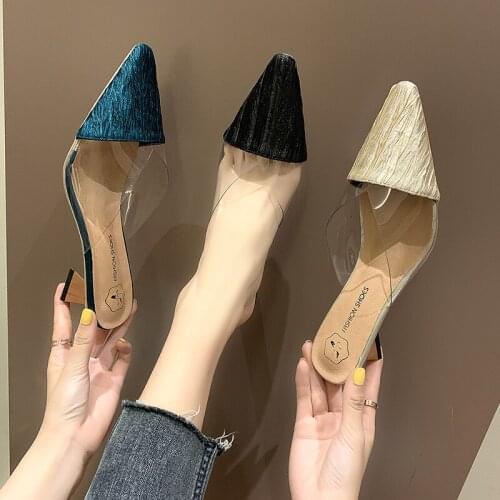 LIHUAMAO women mules shoes slipper kitten heels pointed toe slip on ladies heel sandals outdoor csual slipper transparent