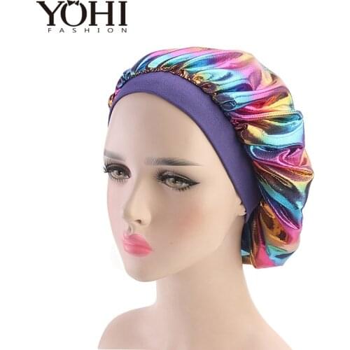 New Womens multicolor bright-coloured Satin High Elasticity Wide Side Nightcap Perm Cap Chemotherapy Cap Bath Cap