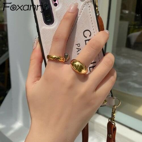 Foxanry Minimalist 925 Sterling Silver Solid Rings Gold Open Rings INS Fashion Couples Party Jewelry Vintage Elegant Accessories