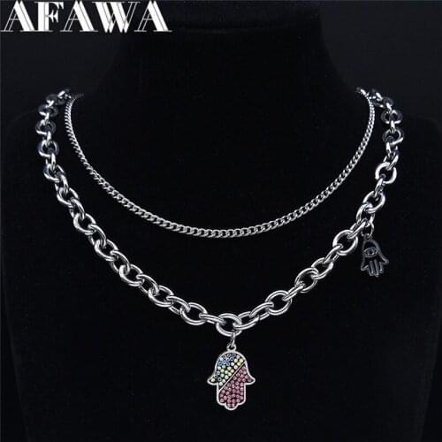 2PCS Hip Hop Islam Hamsa Hand Crystal Stainless Steel Layer Necklace Silver Color Necklace Men/Women Jewelry chaine N4872S03