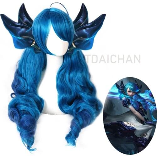 Game LOL Gwen WIG Cosplay Props Wig Blue Wavy Side Part Gwen Wig with Bangs Ponytails Synthetic Hair for Halloween Party