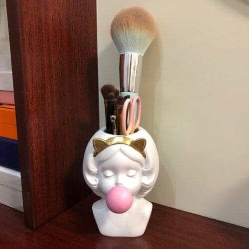 Pen Holder Rabbit Girl Blowing Balloon Brushed Flower Pot Vase Resin Creative Gift Plants Model Ornaments Office Desk Storage