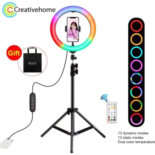 PULUZ 10.2 inch 26cm LED RGBWW Light 1.1m Tripod Mount LED Dual-color Temperature Ring Vlogging Photography Video Lights