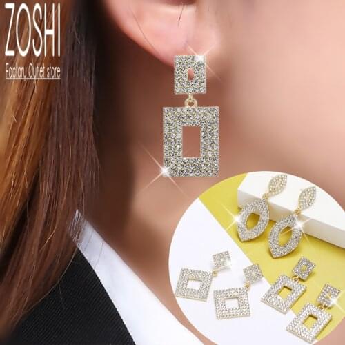 Full Rhinestone Rectangle Drop Earrings For Women Wedding Party Jewelry Gold Plated Color Leaf Geometric Droplet Earrings Lover