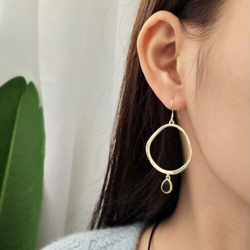 925 Sterling Silver Mobius Circle Gold Drop Earrings Teardrop Black Stone Dangle Earrings Jewelry Gift Wholesale For Women