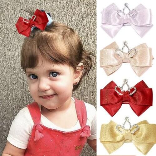 Silk Satin Hair Bow Clips for Girls Good Quality Rhinestone Glittery Kid Crown Hairpin 2pcs/Set Girls Party Hair Accessories