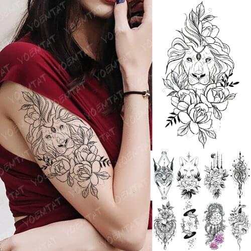 Waterproof Temporary Tattoo Sticker Lion Flowers Flash Tattoos Wolf Moon Fox Snake Body Art Arm Fake Sleeve Tatoo Women Men