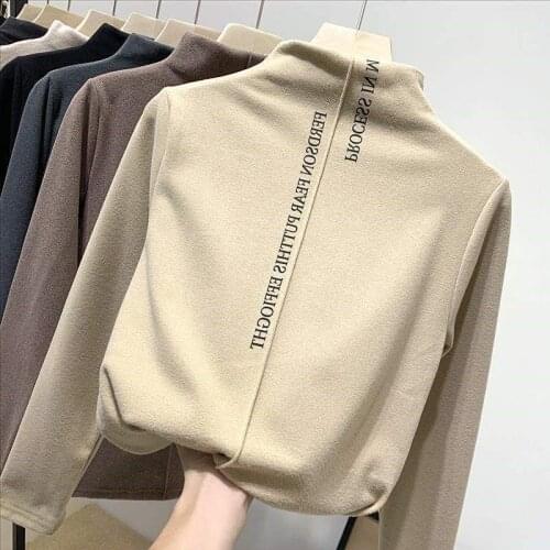 Letter Printed T Shirt Women 2021 Tshirt Autumn Fleece Vintage Turtleneck Plus Velvet Solid Color Long Sleeve Bottoming T-shirts