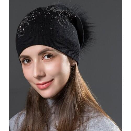 CNTANG Women Hats Winter Beanies Fashion Hollow out Butterfly Knitted Wool Hat Female Warm With Natural Raccoon Fur Pompom Cap