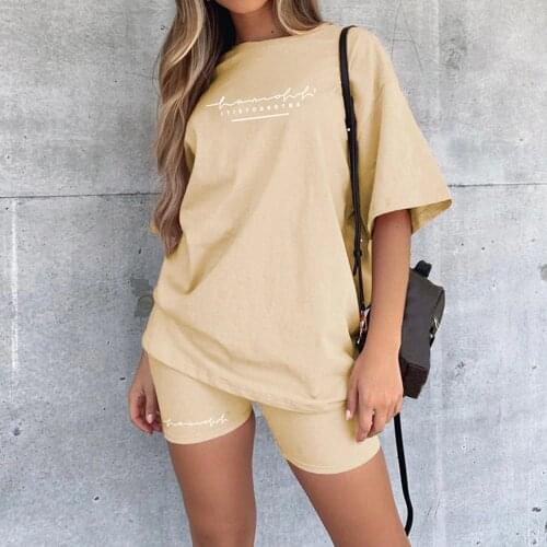 2021 Casual Basic Womens Two Pieces of Sets Homewear Oversize Shirt and Skinny Shorts Set Streetwear Letter Print Set MoneRffi