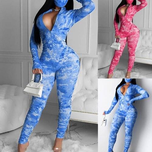 Women Zipper Tie-Dye Long Sleeves Leg Sexy Bodycon Jumpsuit One Piece Outfit Jumpsuit Fitness Bodycon Party Jumpsuits V Neck