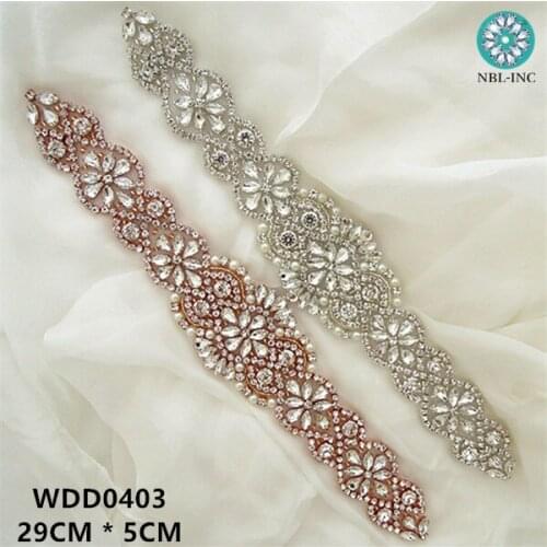 10PCS) Wholesale handmade beaded bridal rose gold silver clear crystal rhinestone appliques iron on for wedding dresses WDD0403