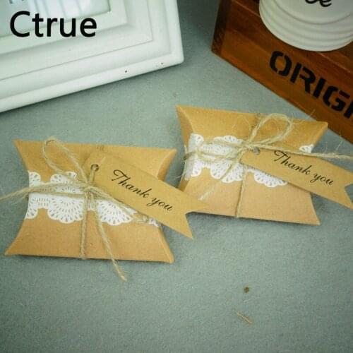 100pcs Kraft Paper Pillow Candy Box with thank you tag Rustic Wedding decoration Candy Holder Bags Wedding Gift Boxes