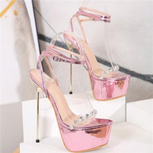 2021 New Women 17cm Super High Heels Rhinestone Sandals 6cm Platform Fetish Lady Gladiators Summer Stiletto Stripper Party Shoes
