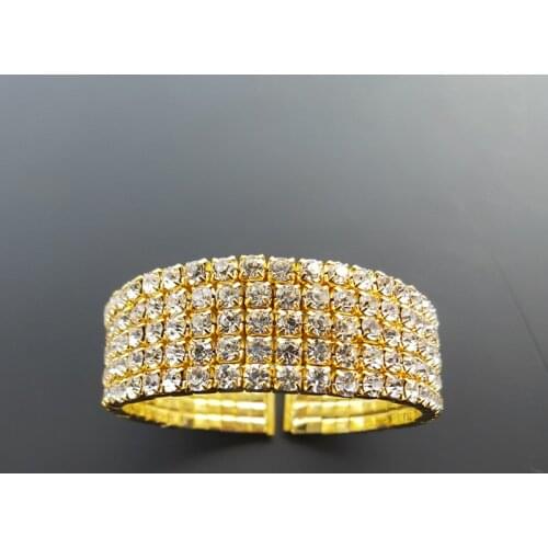 5 Rows Rhinestone Crystal Cuff Bangle Gold Color and Silver Plated Bridal Wedding Side Open Bangle Bracelets for Women