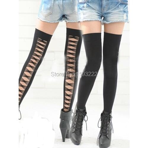 Black Women Punk Gothic Rock Criss Cross Cotton Opaque Hollow Out Thigh High Stockings Tights