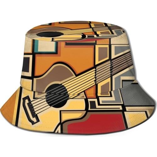 CINESSD Bucket Hats Fisherman Caps For Women Men Gorras Summer Funky Fractal Geometric Square Shaped With Acoustic Guitar Art