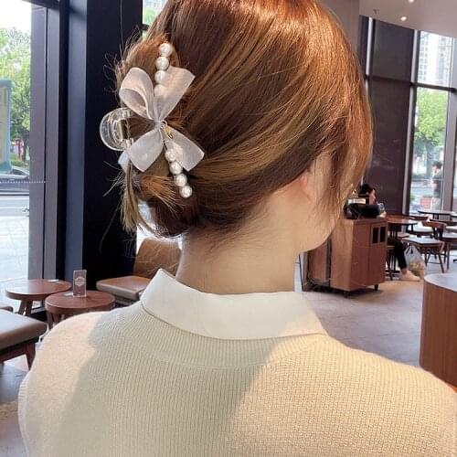 Elegant Pearl Large Hair Claws Simple Temperament Girl Catch Bow-knot Ribbon Hairpin Ponytail Hair Accessories for Women