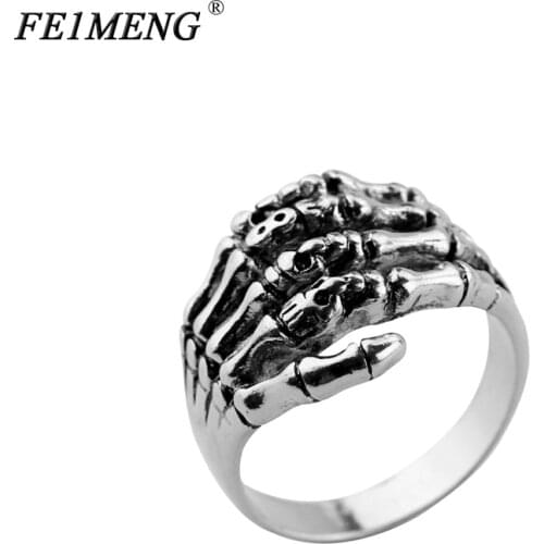 Gothic Punk Skeleton Hand Ring Vintage Retro Silvery Gothic Finger Skull Biker Rings For Men Fashion Jewelry Cool Accessories