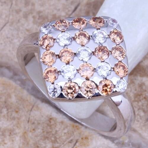 Delicate Champagne Morganite White CZ Silver Plated Ring Size 6 / 7 / 8 / 9 E209