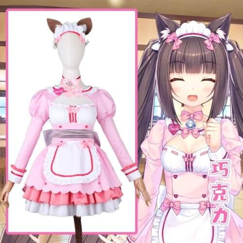 The Animie Nekomimi Paradise cos Chocola Pink Cute maid With Cat tail Coslpay Costume outfit A