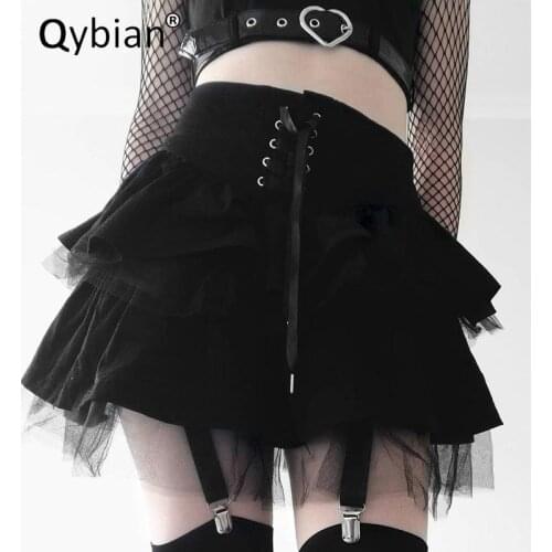2021 Patcwork Summer Women Pleated Skirt Punk Rock Gothic Skirts Womens Corns Bandage Mesh Line Sexy Black Skirt Women Skirt