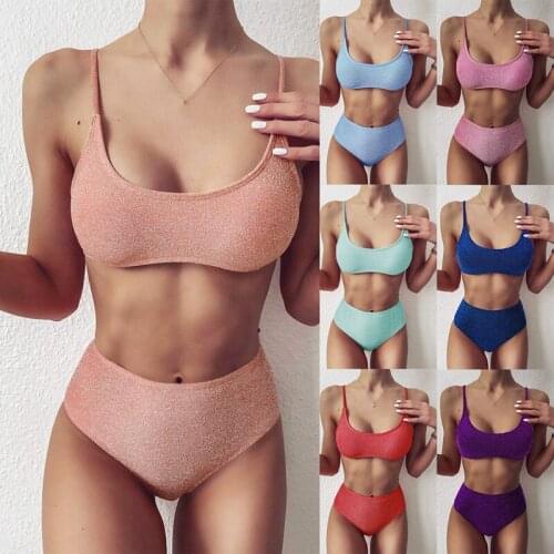 Hot kf-Womens Sexy Solid Color Bikini Tank Top 2-Piece Swimsuit Split Beach Swimwear