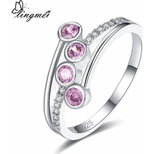 Lingmei Wedding Fashion Round Cut Champagne & Pink & White Cubic Zircon Silver Color Ring Size 6-9 For Women Xmas s Jewelry