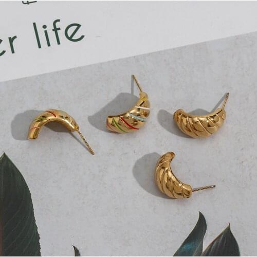 Trendy New Arrival Colorful Stripe Croissant Stainless Steel Gold Plated Studs Earrings For Women Girls Party Jewelry Gift
