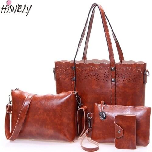 4pcs Hollow Out Women Bag Set Fashion Women Handbag Pu Leather Women Shoulder Bags+Crossbody Messenger Bag+Small Purse Clutch