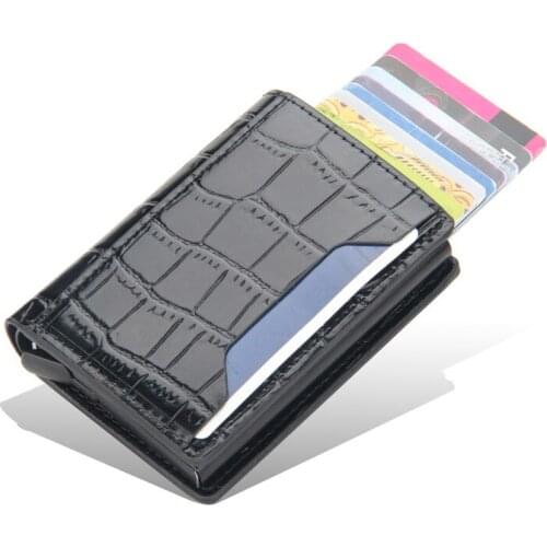 New style mens card bag European and American RFID automatic elastic card checkered card clip metal aluminum box wallet
