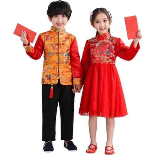 Girls' ancient style red New Years clothing, autumn and winter new warm childrens Tang suit printing performance costumes