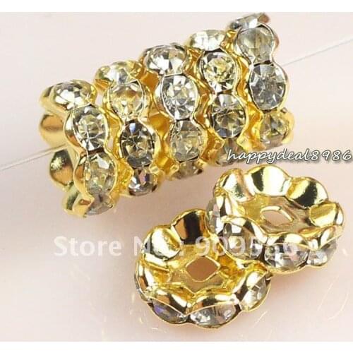 P58-8,wholesale! 8mm Gold-color rondelle wave edge Grade A+ rhinestone spacer beads,high quality!100pcs/lot