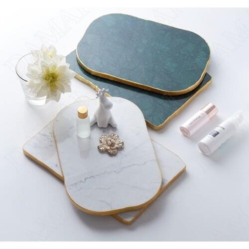 Natural Marble Storage Tray Golden Stroke Decorative Living Room Tableware Organizer Afternoon Tea Cake Tray Home Decoration