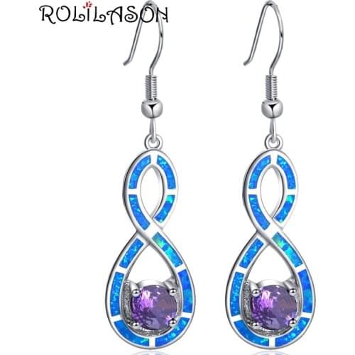 ROLILASON Trendy Drop Earrings 925 silver purple zircon blue opal Symbol Shape Desgin party gift for Women Fashion Jewelry