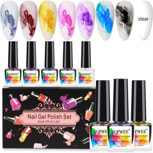 SUPWEE 8pcs Blooming Gel Nali Polish Set Watercolor Ink Smoke Effect Gel Semi Permanent Nails Varnish Art Need White Base Coat