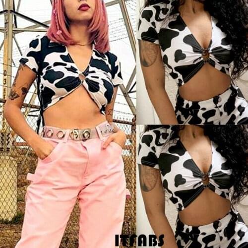 2019 Women Turn-down V-neck Short Sleeve Cow Pattern Top T-shirt Blouse UK