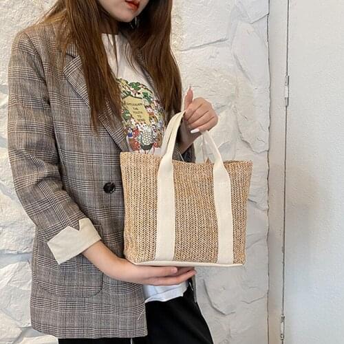 Women Summer Beach Vintage Handmade Knitted Straw Rattan Bag Shoulder Bags Boho Woven Handbag Tote Top-handle Shopping Bags