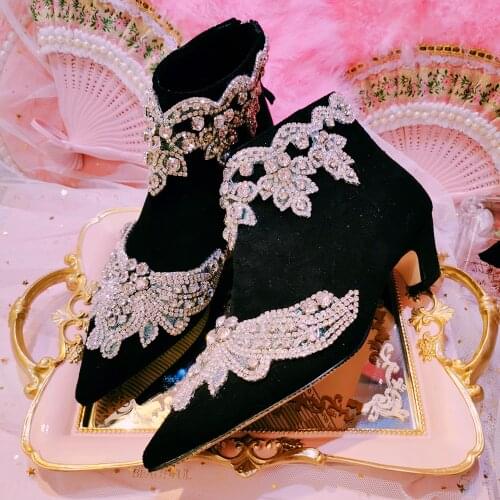 Womens Retro Ankle Boots Rhinestones Crystal Kitten Heel Back Zipper Suede Leather Luxury Shoes New 2021 Black Demonia Boot