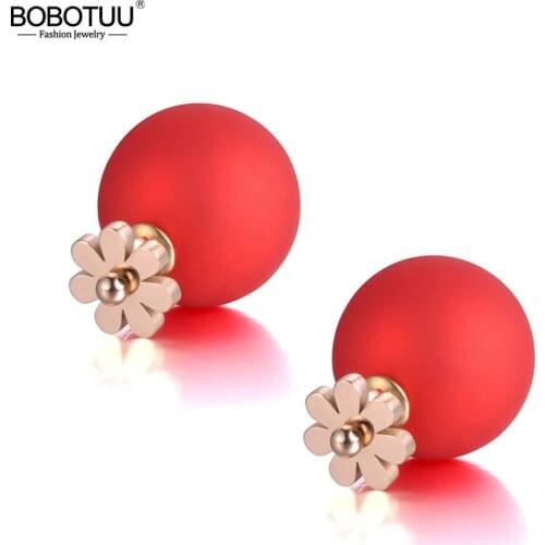 BOBOTUU Lucky And Festive Red Shell Beads & Daisy Butterfly Stud Earrings Stainless Steel Earring Jewelry For Women Girl BE19023