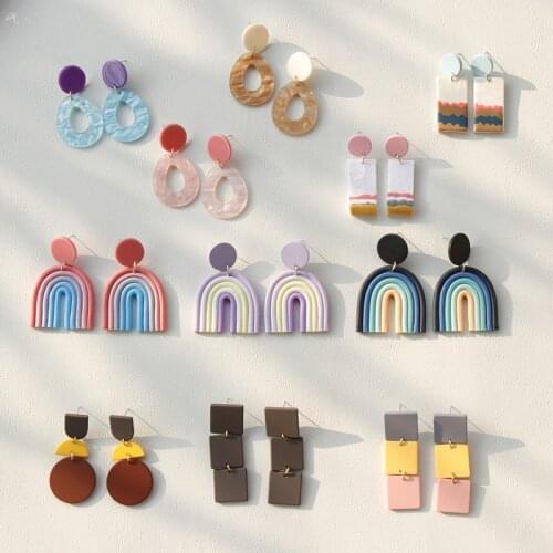 AOMU 1Pair 2021 Korea Maracon Colorful Geometric Round Square Acrylic Ceramic Clay Dangle Drop Earrings for Women Jewelry