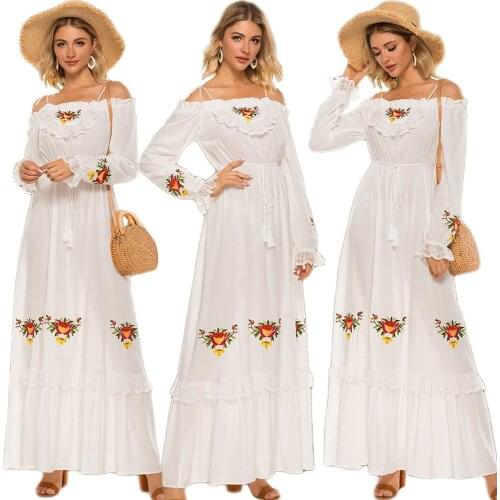 Summer Long Boho Embroidery Dress Sexy Off The Shoulder Beach Sundress Long Sleeve Splice Lace Women Dresses Vestidos Plus Size